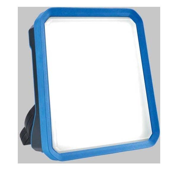 Ein blau gerahmtes, rechteckiges LED-Lichtpanel mit Ständer.