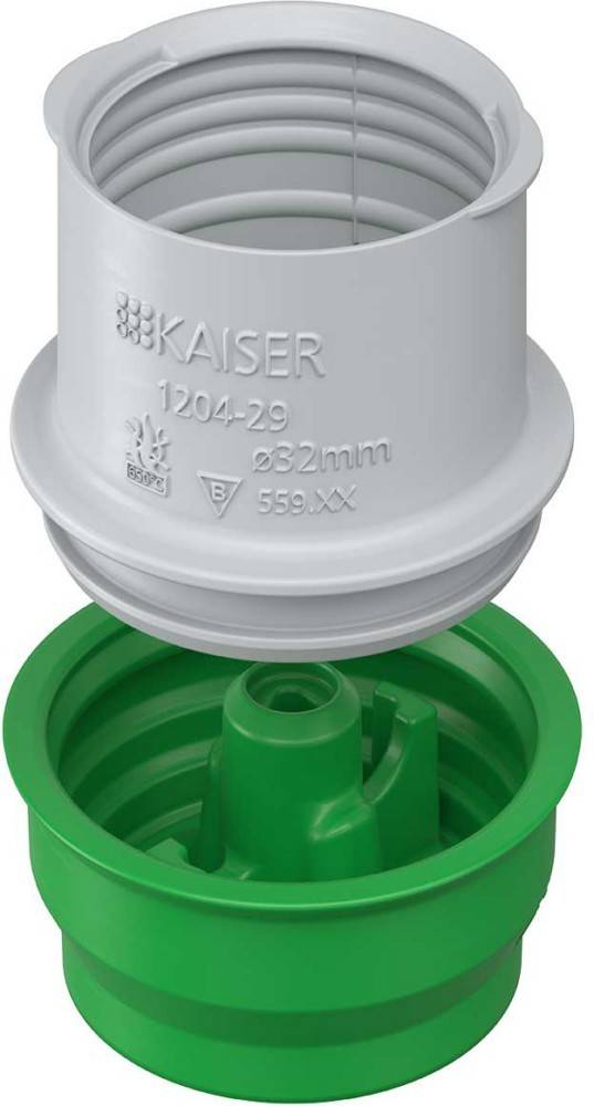 KAISER' Markenverbindungsteil mit einem Durchmesser von 'Ø32mm'. Der obere Abschnitt ist weiß mit Produktkennzeichnungen; der untere Teil ist grün und weist strukturelle Rillen auf.