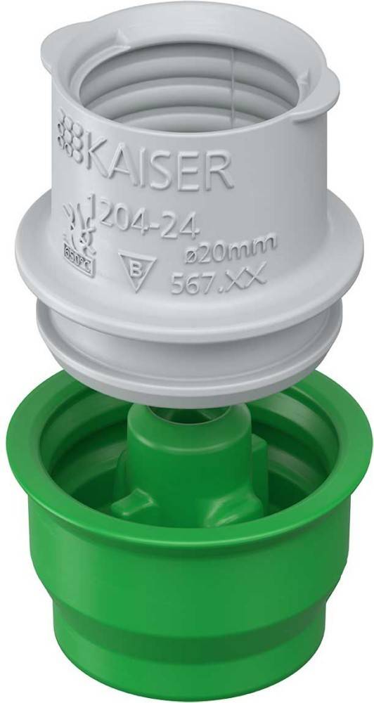 Detailaufnahme einer weißen, zylindrischen mechanischen Komponente mit der Beschriftung '1204-24', grüner Basis und den Texten 'ø20mm', '567.XX' und weiteren Markierungen.