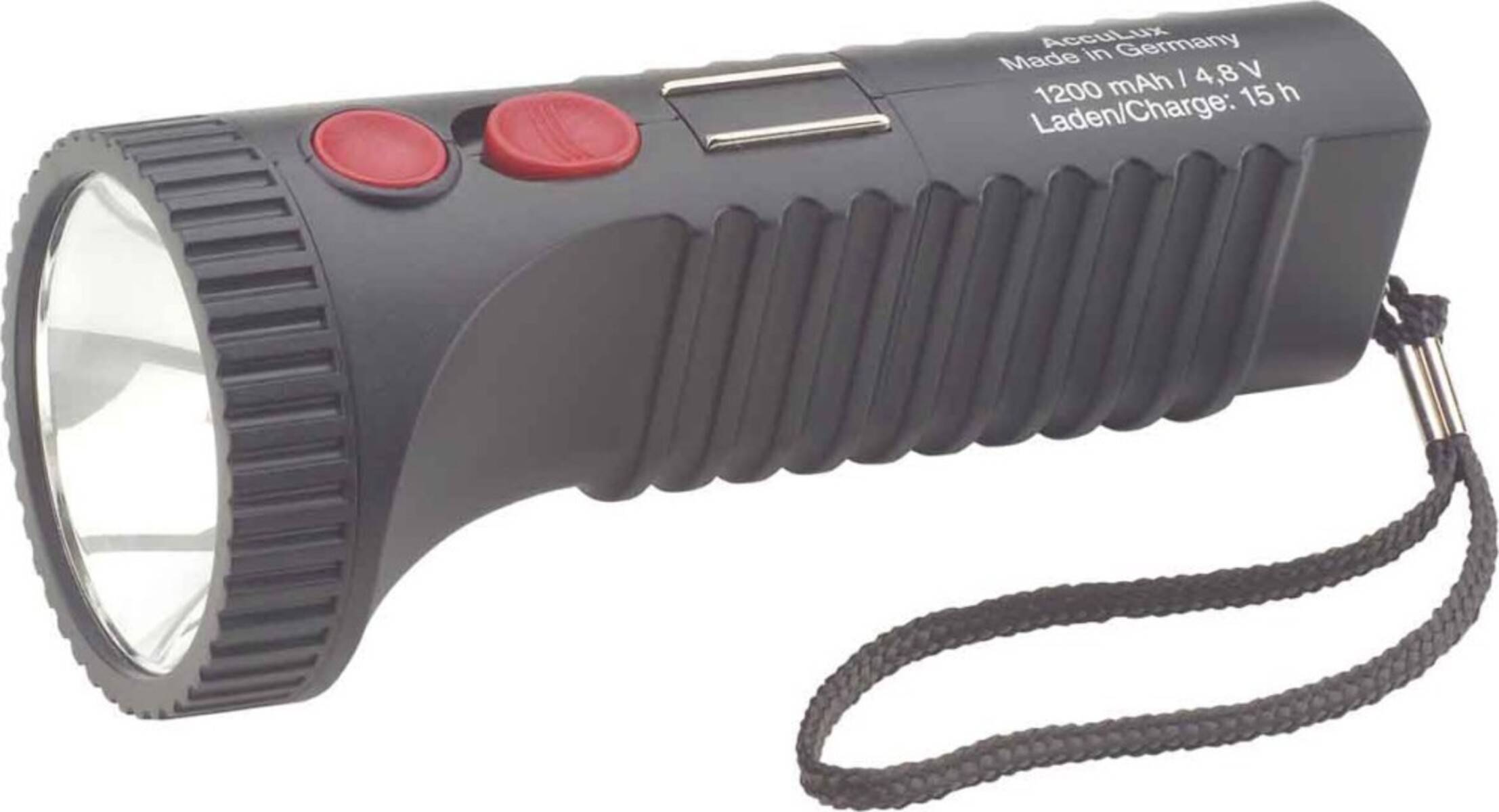 Schwarze tragbare Taschenlampe mit geripptem Griff, zwei roten Tasten und Handgelenkschlaufe, auf weißem Hintergrund abgebildet.