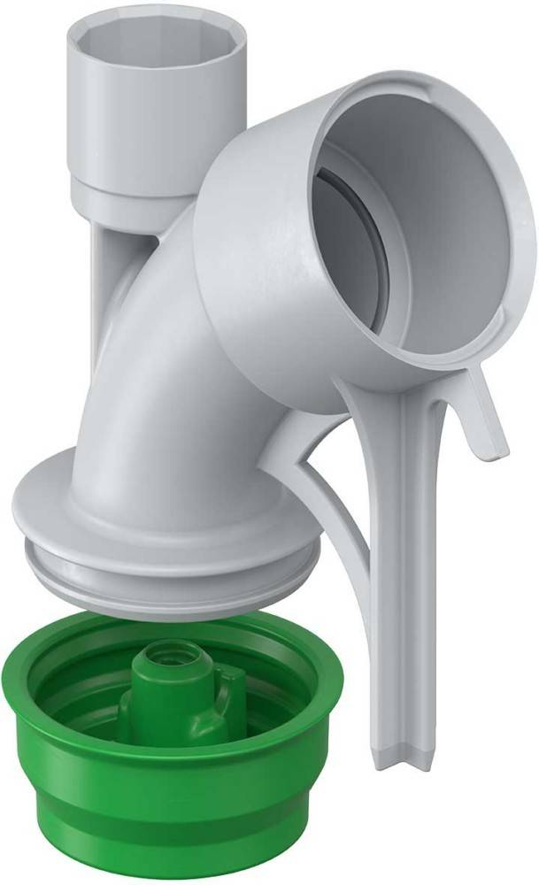 Eine Nahaufnahme eines weißen, geschwungenen Rohranschlusses, der mit einem grünen Plastikteil verbunden ist und Klempnerkomponenten zeigt.