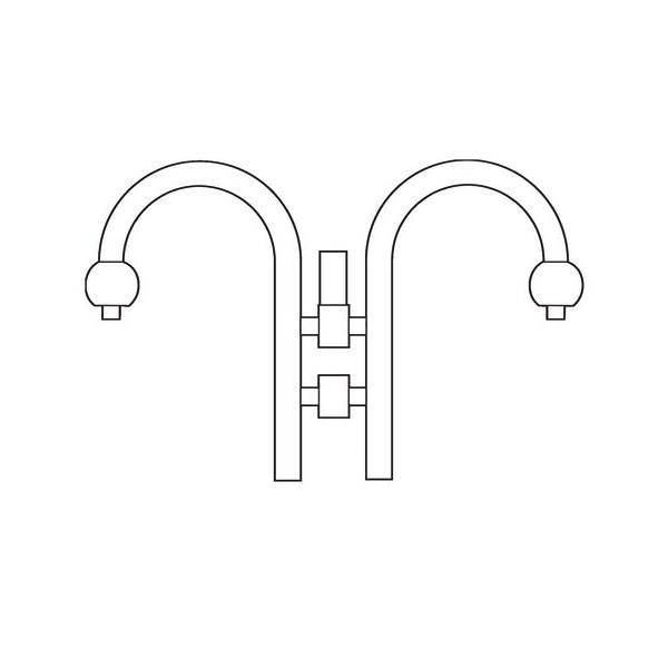 Einfache Strichzeichnung eines zweigriffigen Wasserhahns, einer für heißes Wasser und einer für kaltes Wasser, von vorne gezeigt mit einem gebogenen Auslauf.