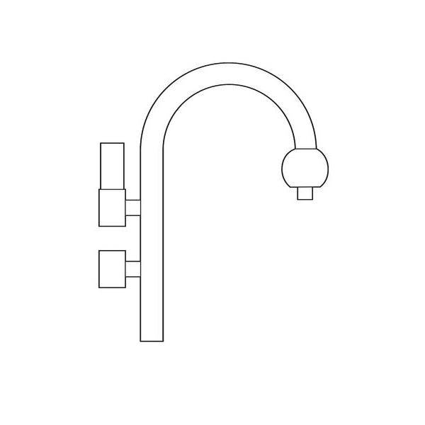 Eine Strichzeichnung eines minimalistischen Wasserhahns mit zwei seitlichen Griffen, einer für heißes und einer für kaltes Wasser, die ein schlankes modernes Design veranschaulicht.