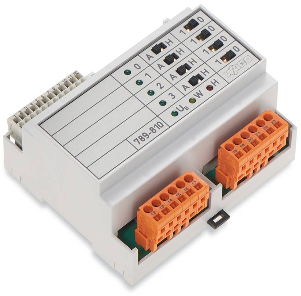 Industrielles Steuermodul mit orangefarbenen Anschlüssen, beschriftet mit '789-810'. Enthält mehrere Anschlüsse und Anzeigelichter, verwendet in Automatisierungssystemen.