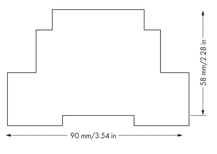 Ein Stufendesign mit drei gleich langen horizontalen Abschnitten, die sich nach oben hin in der Breite verjüngen. Basisbreite ist mit '90 mm/3,54 Zoll' beschriftet.