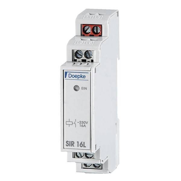 Ein weißer Doepke SIR 16L Schaltrelais mit beschrifteten Anschlüssen, das eine Spannung von 230V und eine Strombelastbarkeit von 16A zeigt.