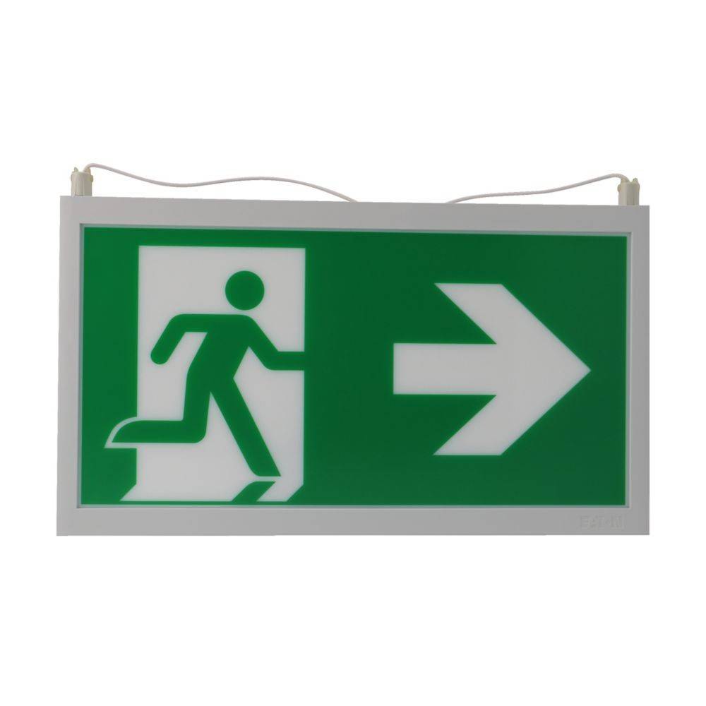 Grünes Notausgangsschild mit weißer Laufende-Person-Figur und Pfeil nach rechts, das einen Notausgang rechts anzeigt.