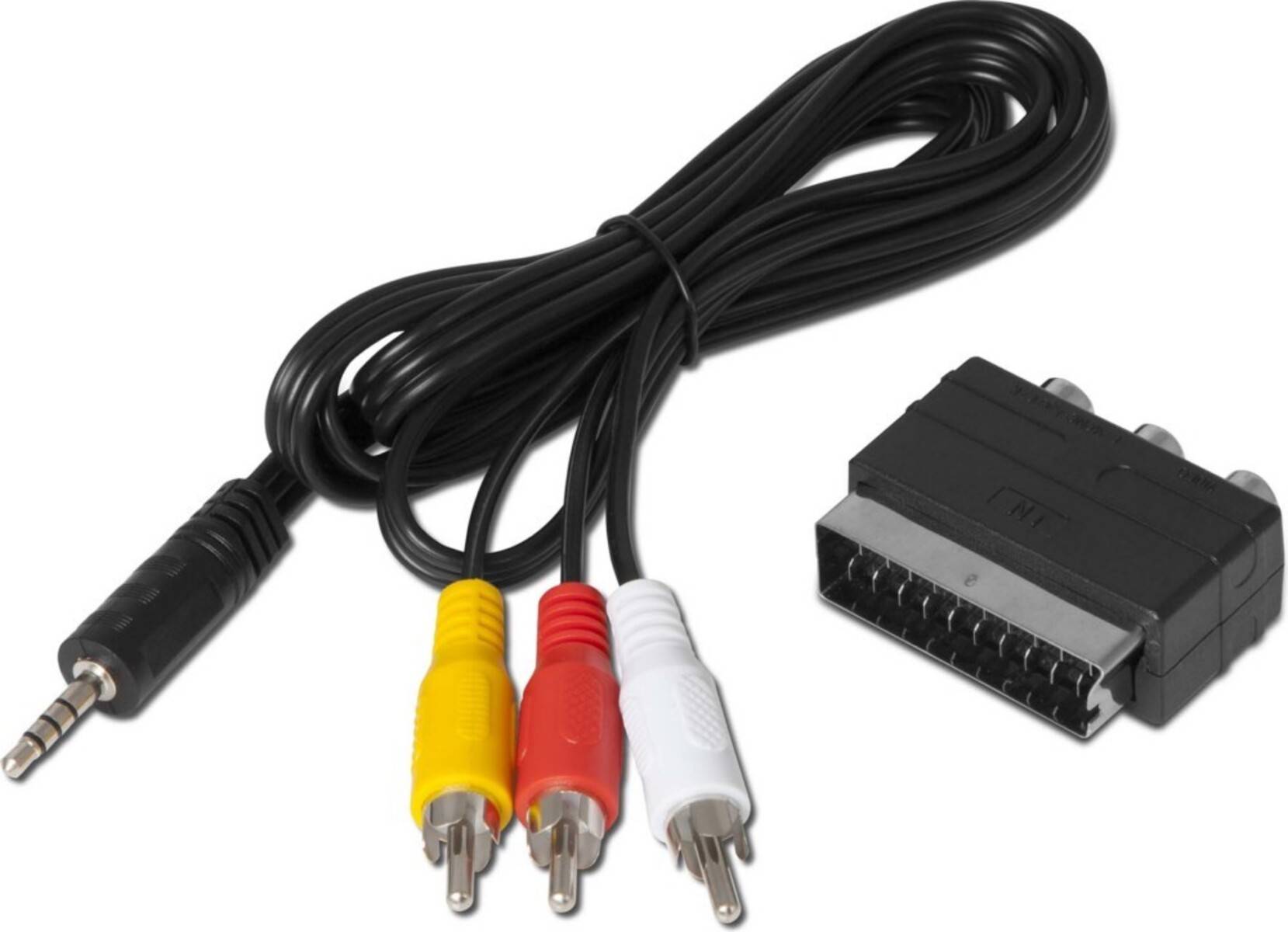 Audio-/Video-Adapterkabel mit 3,5-mm-Stecker, drei RCA-Anschlüssen und einem SCART-Anschluss auf weißem Hintergrund