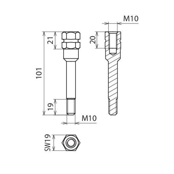 Technische Zeichnung einer M10-Schraube/Befestigung mit Vorder- und Querschnittsansichten mit Abmessungen: 101 mm Länge, 21 mm Kopf, 20 mm Gewindelänge, SW19 Sechskantgröße.