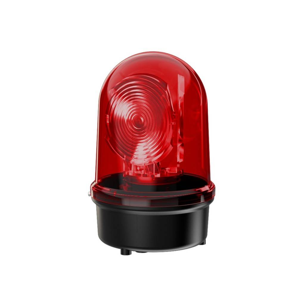 Rotes Blinklicht mit schwarzem Sockel auf weißem Hintergrund.