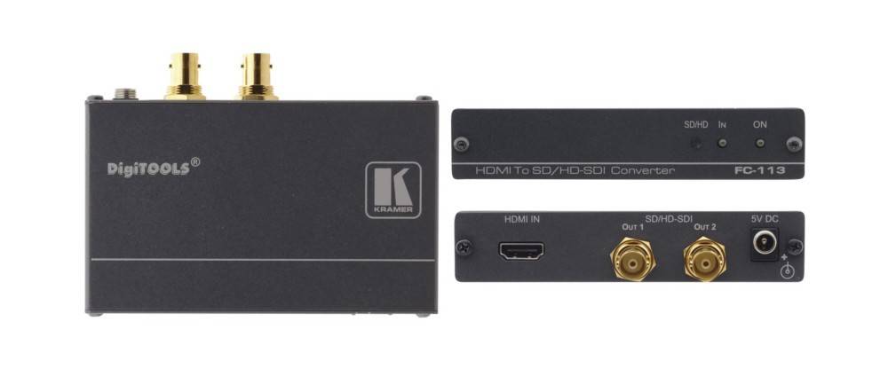 Digital-zu-HDMI/SDI-Konverterbox mit Front- und Rückseitenanschlüssen, gekennzeichnet mit „HDMI-zu-HDMI/SDI-Konverter