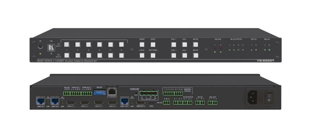 Vorder- und Rückansicht eines schwarzen Rack-Mount-Netzwerkgeräts mit vielen Anschlüssen, Klemmenleisten, Status-LEDs und einem Netzschalter.
