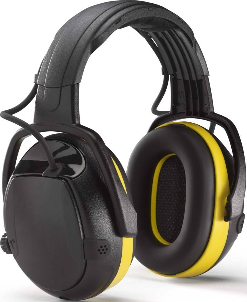 Gelbe und schwarze Noise-Cancelling-Kopfhörer mit gepolstertem Kopfbügel und verstellbaren Ohrmuscheln, entwickelt zum Gehörschutz.