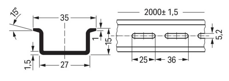Technische Zeichnung eines U-förmigen Metallkanalprofiles mit Abmessungen, das eine Breite von 35 mm, eine Basis von 27 mm, Seitenhöhen von 15 mm und eine Länge von 2000±1,5 mm zeigt.