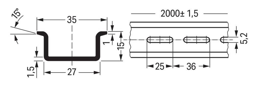 Technische Zeichnung eines U-förmigen Metallprofils mit folgenden Abmessungen: 35 Breite, 27 innere Breite, 15 Seitenhöhe, 5,2 Dicke und 2000±1,5 Länge.