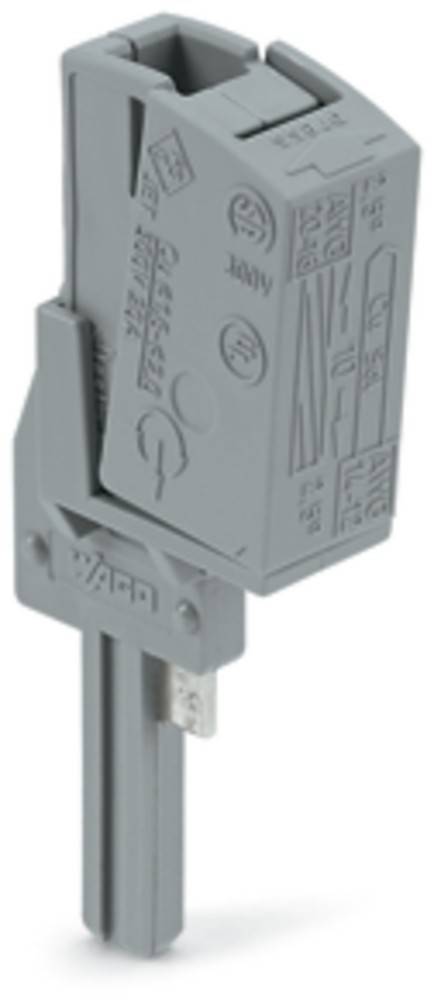 Eine Nahaufnahme einer grauen Elektrokomponente mit geprägtem Text und Symbolen, die wahrscheinlich Spezifikationen oder Herstellerdetails anzeigt.