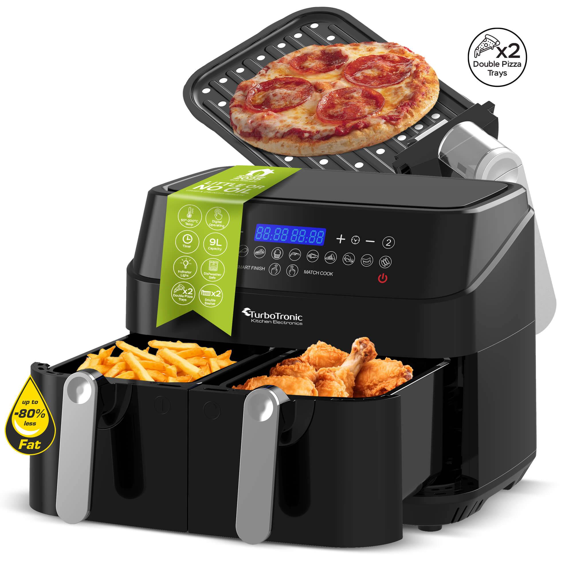 TurboTronic Heißluftfritteuse XXL doppel Airfryer 1600W / 9L (2x 4,5L Kammer) 12 Programme digitale Heißluft Fritteuse ohne Fett Öl Dual Luftfritte