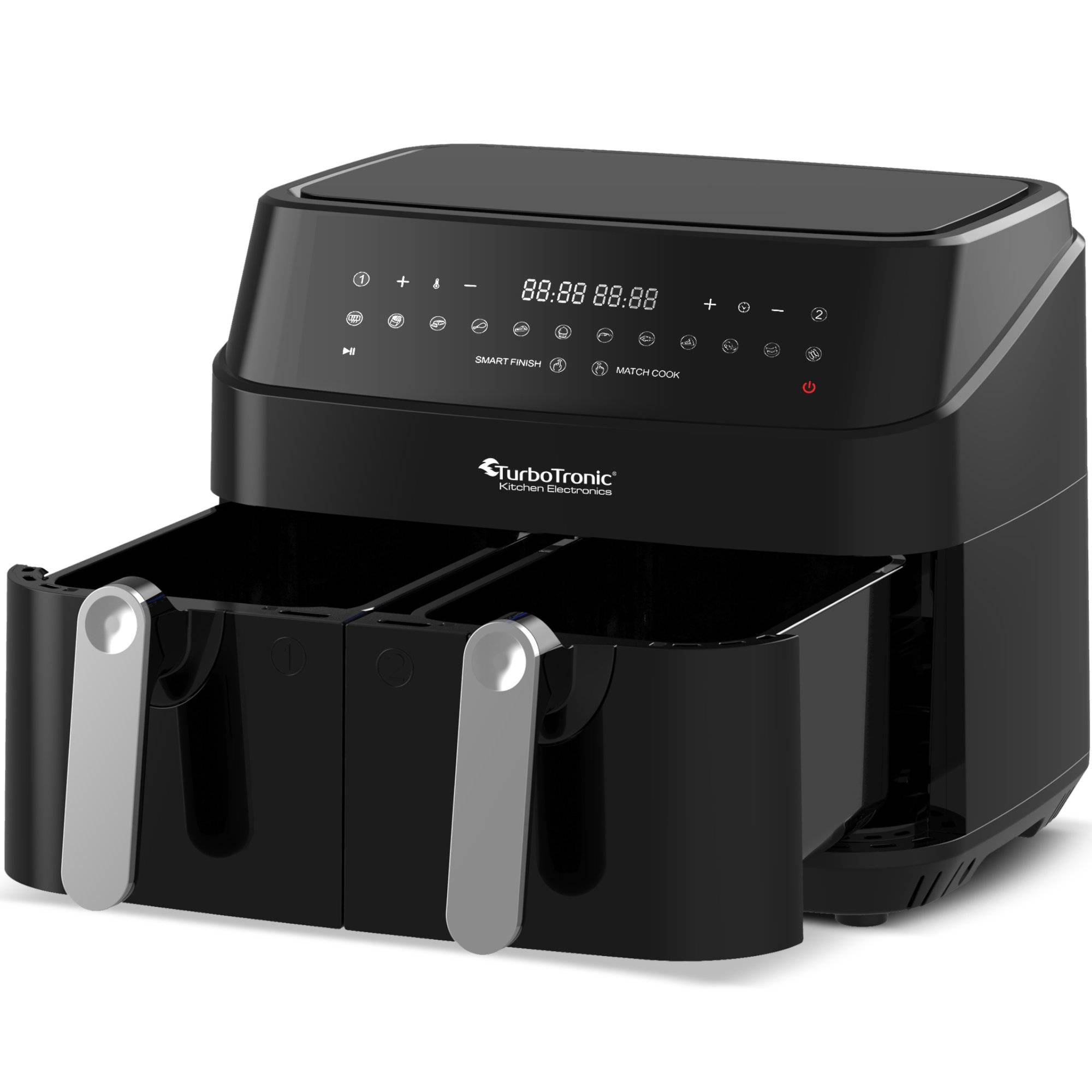 TurboTronic Heißluftfritteuse XXL doppel Airfryer 1600W / 9L (2x 4,5L Kammer) 12 Programme digitale Heißluft Fritteuse ohne Fett Öl Dual Luftfritte