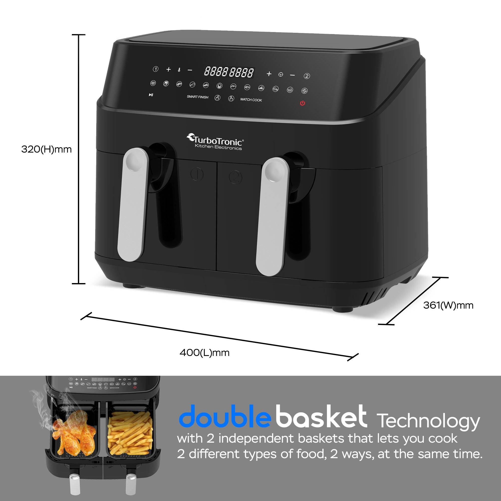 TurboTronic Heißluftfritteuse XXL doppel Airfryer 1600W / 9L (2x 4,5L Kammer) 12 Programme digitale Heißluft Fritteuse ohne Fett Öl Dual Luftfritte