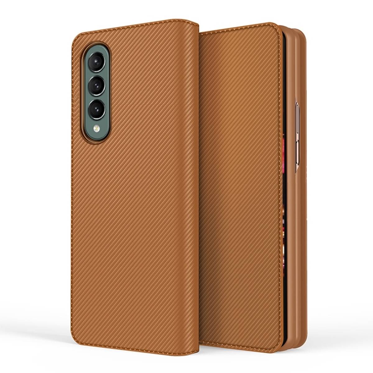 Für Samsung Galaxy Z Fold4 5G Carbon Kunstleder Kunststoff Handy Tasche Hülle Etuis Braun