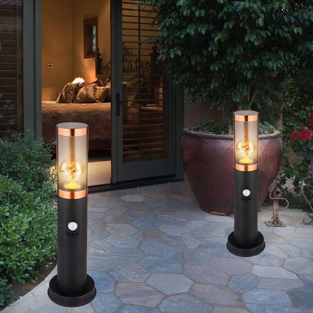 Standleuchte Außenbeleuchtung Sockelleuchte rauch Kupfer Außen mit Bewegungsmelder Garten Stehlampe, Edelstahl Kunststoff, 1x E27, DxH 7,6x45 cm, 2e