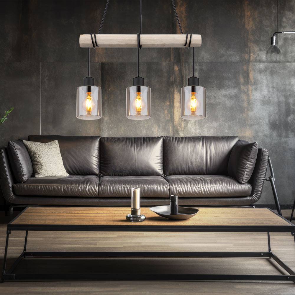 Hängeleuchte Pendelleuchte Holzpendellampe Holz Esszimmerlampe Hängelampe Esstisch, Glas rauch, 3x E27, LxH 98x130 cm