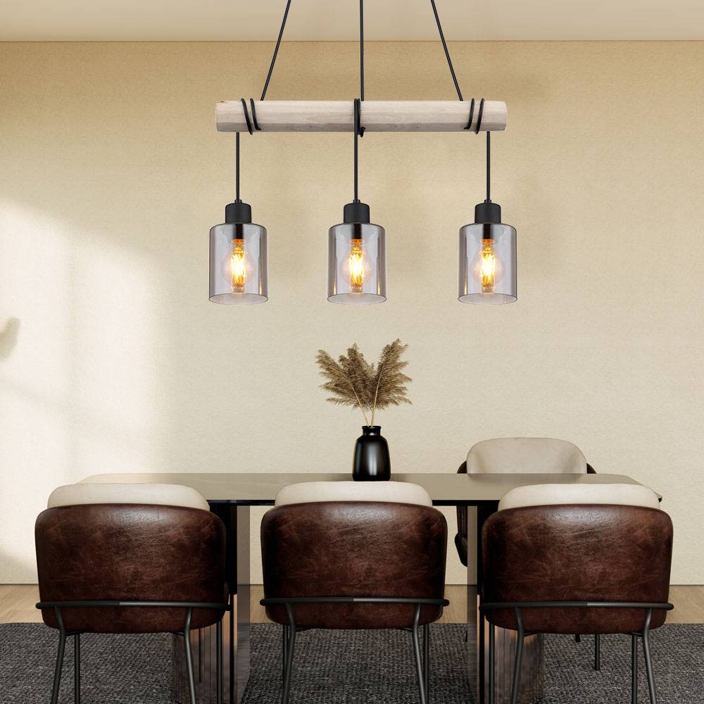Hängeleuchte Pendelleuchte Holzpendellampe Holz Esszimmerlampe Hängelampe Esstisch, Glas rauch, 3x E27, LxH 98x130 cm