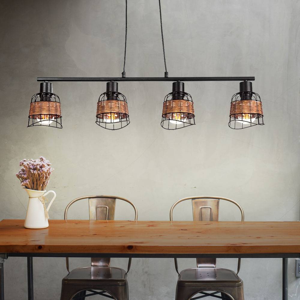 Pendelleuchte Rattan Esszimmer Deckenlampe Küche hängend Hängelampe Wohnzimmer schwarz, Gitter Grasgeflecht braun, 4x E27 Fassungen, LxBxH 81x12x15