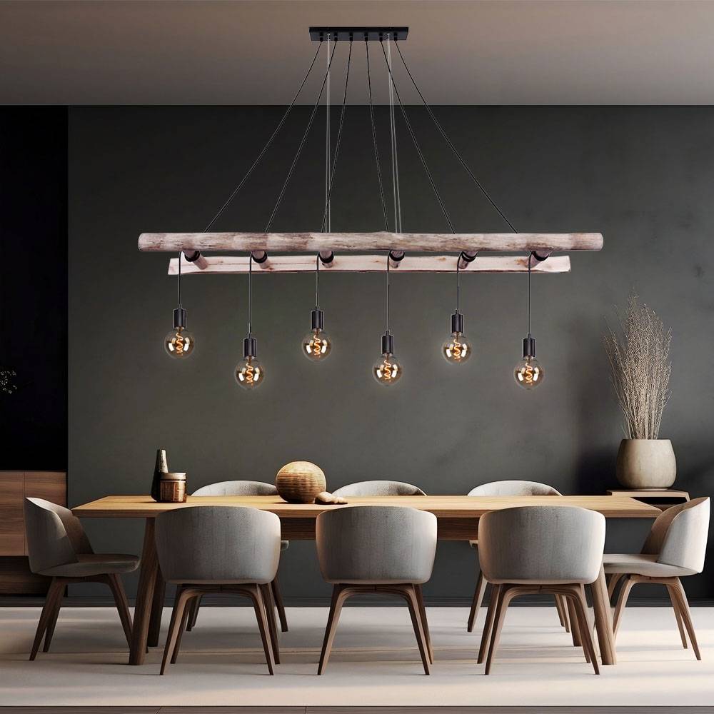 Hängeleuchte Holzleiter Esszimmerleuchte Landhausstil Hängelampe Holz natur, Metall schwarz, Höhe anpassbar durch aufwickeln, 6x E27 Fassungen, L