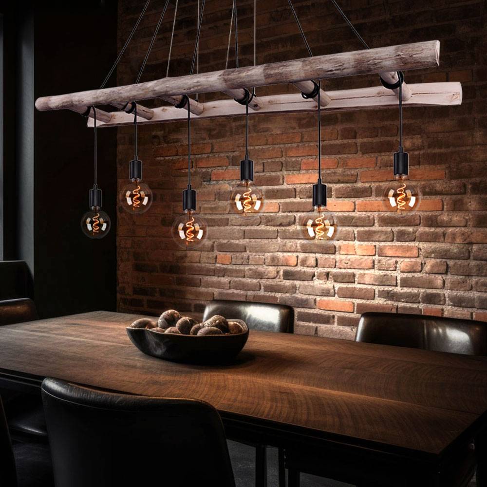 Hängeleuchte Holzleiter Esszimmerleuchte Landhausstil Hängelampe Holz natur, Metall schwarz, Höhe anpassbar durch aufwickeln, 6x E27 Fassungen, L