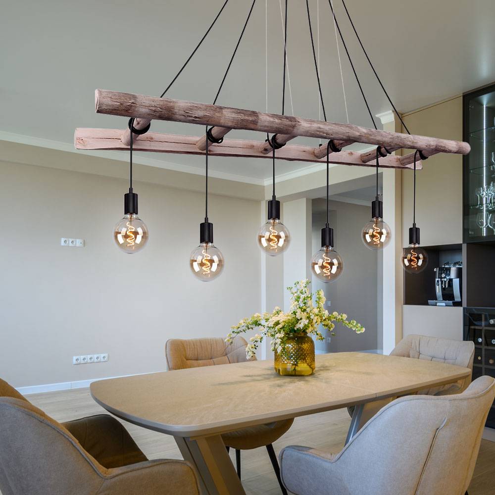 Hängeleuchte Holzleiter Esszimmerleuchte Landhausstil Hängelampe Holz natur, Metall schwarz, Höhe anpassbar durch aufwickeln, 6x E27 Fassungen, L
