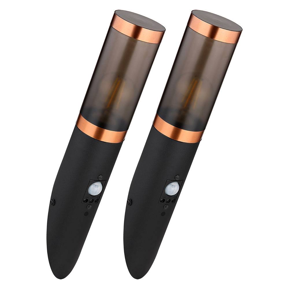 Außenwandlampe mit Bewegungsmelder Edelstahl Wandleuchte Fackel Aussen, Kupfer schwarz Schirm rauch, 1x E27, BxH 7,6x41 cm, 2er Set