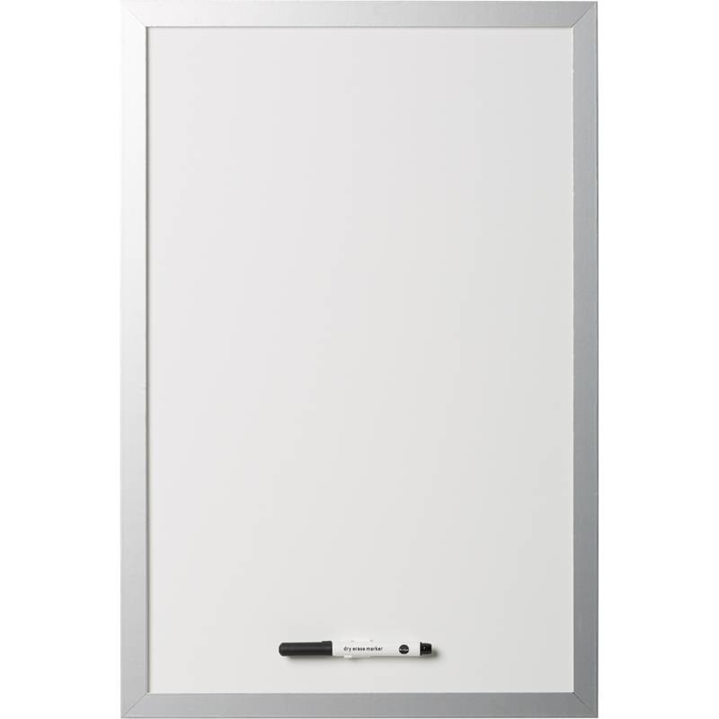 Eine rechteckige Magnettafel mit silbernem Rahmen, auf der ein schwarzer Whiteboard-Marker horizontal am unteren Rand zentriert liegt.