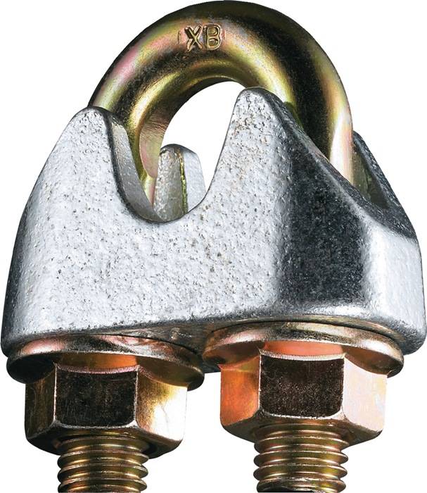 Eine robuste Metallklemme mit zwei Schrauben und einer geschlungenen Oberseite, die zum sicheren Befestigen von Kabeln oder Drähten in Bau- oder industriellen Umgebungen konzipiert ist.