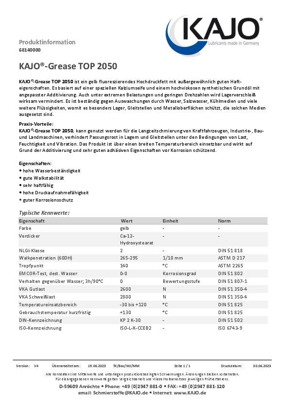 Langzeitfett Grease TOP 2050 gelb 500g Schraubkartusche KAJO