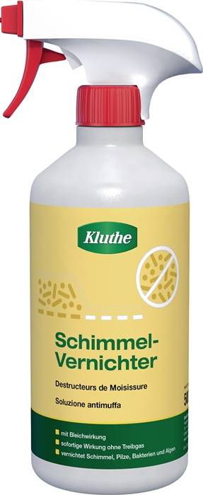 Eine Flasche mit der Aufschrift 'Kluthe Schimmel-Entferner', die Bilder von Schimmelsporen zeigt, deutet darauf hin, dass es sich um ein Schimmelpilzentfernungsmittel handelt.