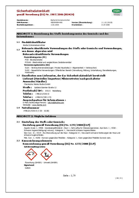 Schimmelvernichter chlorhaltig 500 ml Sprühflasche KLUTHE