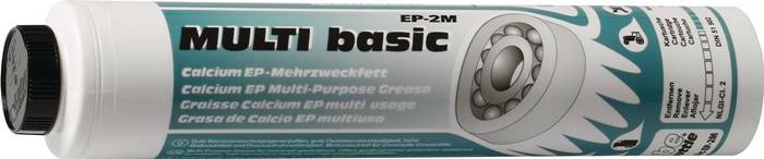 Behälter von 'All basic EP-2M' Mehrzweckfett, beschriftet in mehreren Sprachen einschließlich Deutsch, Englisch und Italienisch.