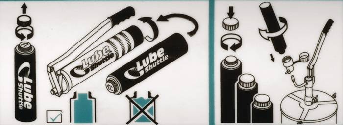 Diagramm zur Veranschaulichung des Austauschs von Fettkartuschen in einem Lube Shuttle System. Zeigt den Einsatz- und Verriegelungsprozess mit kreisförmigen Pfeilen.