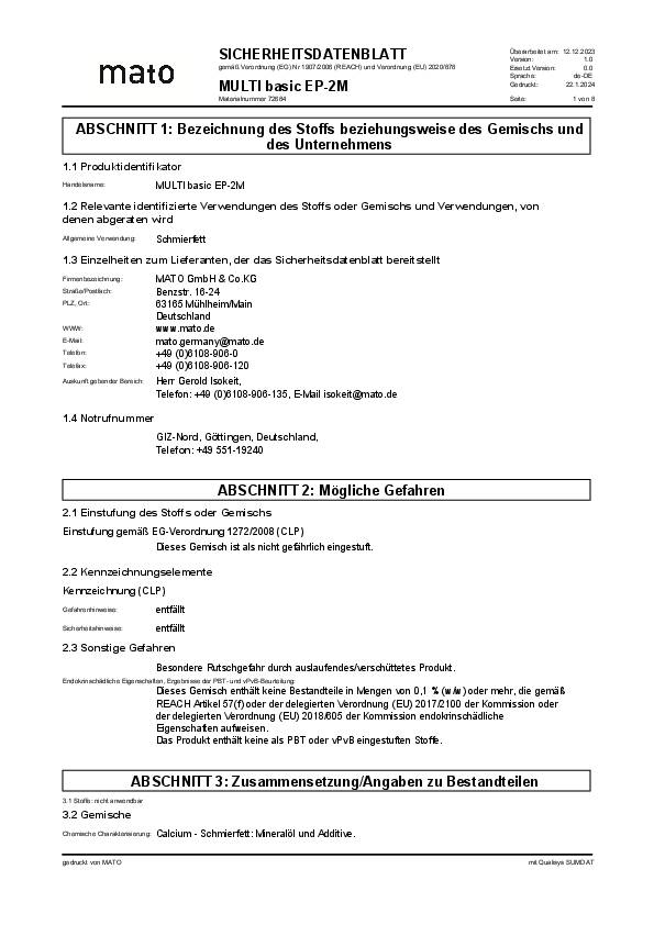 Lithiummehrzweckfett MULTI basic 2M 500g hell Schraubkartusche MATO