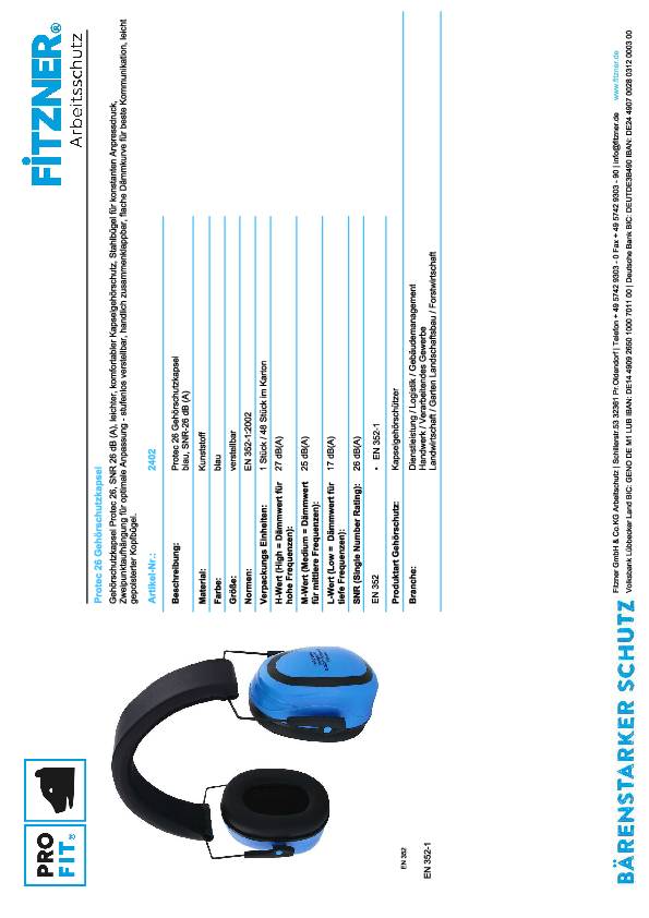 Kapselgehörschutz Protec 26 EN 352-1:2002 SNR 26 dB Zweipunktaufhängung