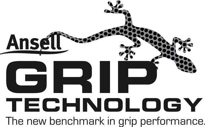 Ansell GRIP TECHNOLOGY Logo mit einer gefleckten Gecko-Grafik und dem Slogan „Der neue Maßstab in Griffleistung.