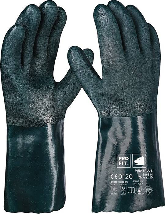 Dunkelblau-graue Schutzhandschuhe mit Griffstruktur, mit dem Etikett 'Pro Fit', geeignet für industrielle oder chemische Handhabung, vor einem weißen Hintergrund.