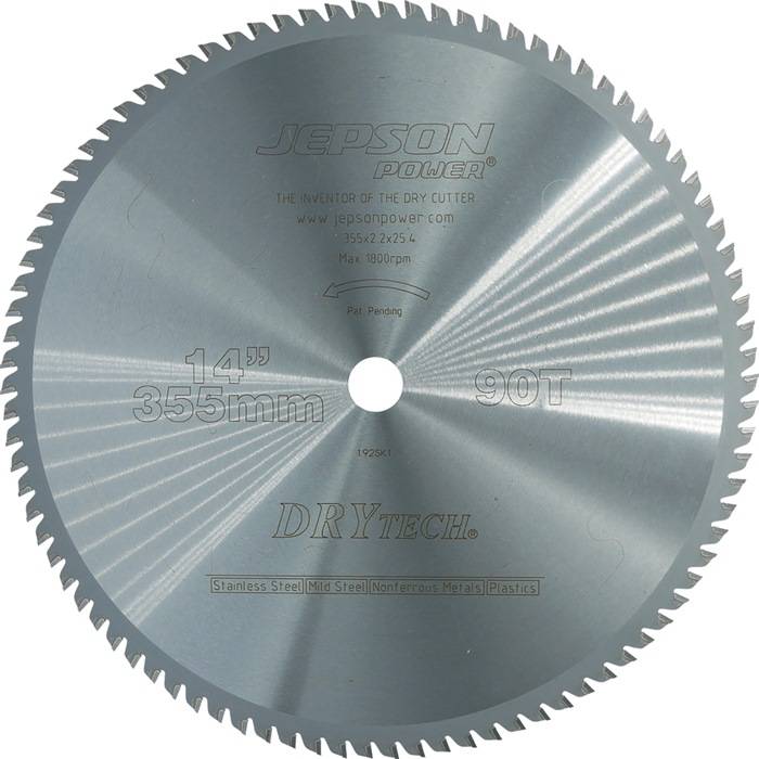 Eine Kreissägeblatt mit der Aufschrift 'Jepson Power DRYtech', 14 Zoll (355 mm) Durchmesser, 90 Zähne, zum Schneiden von Edelstahl und Kunststoffen.
