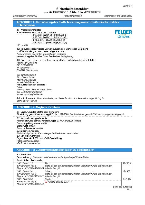 Lötdraht ISO-Core® RA 1,5mm 250g S-Sn99Cu1 FELDER