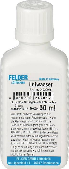 Flasche 'FELDER Lötwasser', ein in Deutschland hergestelltes Lötflussmittel, 50 ml. Enthält Produktcode und Sicherheitshinweise. Verwendet für Löttätigkeiten.