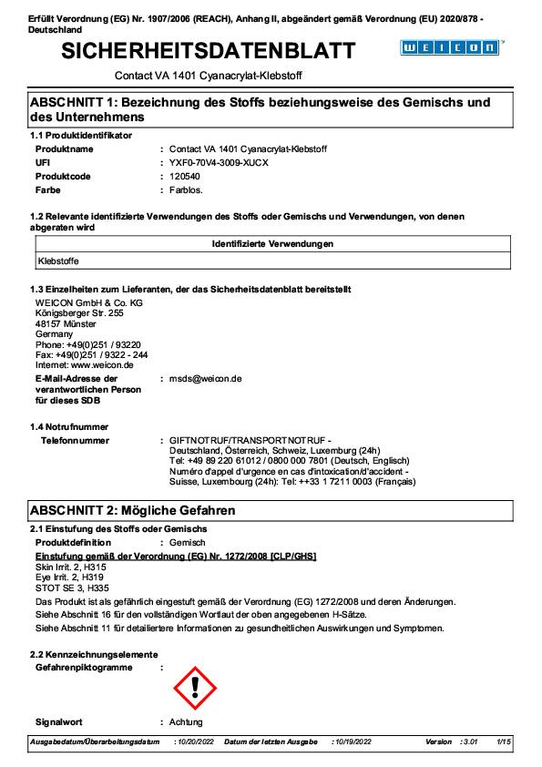 Cyanacrylatklebstoff VA 1401 12g farblos,klare Flüssigkeit Pen-System WEICON