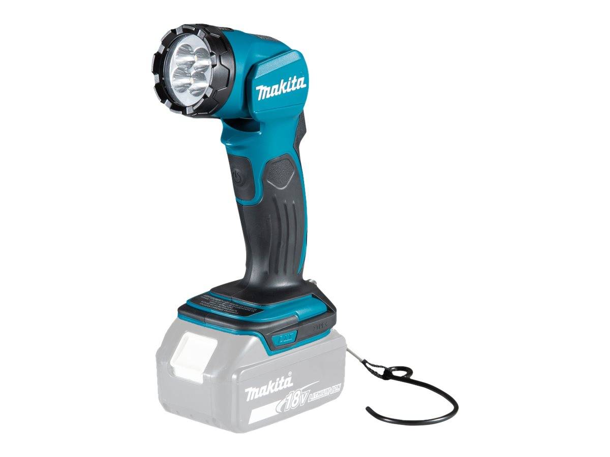 Makita kabellose tragbare Arbeitsleuchte mit schwenkbarem Kopf und 18V-Batteriebasis, dargestellt auf weißem Hintergrund.