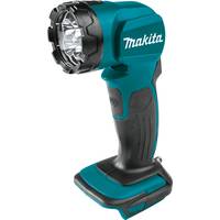 Makita kabellose Taschenlampe mit Korpus in Blaugrün und Schwarz sowie Batteriegriff, shown on a white background.