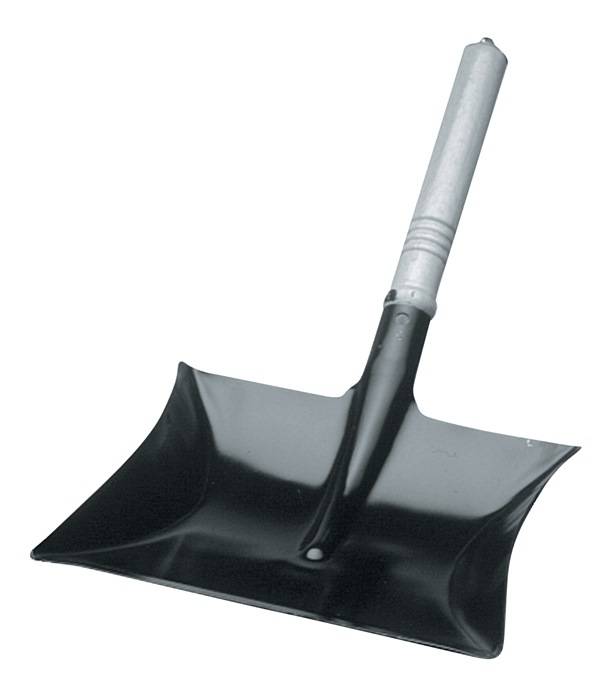 Eine schwarze, flache quadratische Schaufel mit einem kurzen Holzgriff, die zum Schaufeln von Kohle oder ähnlichen Materialien konzipiert ist.